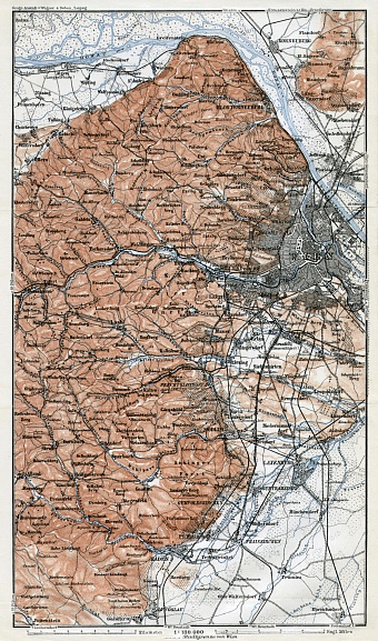 Map of the west environs of Vienna (Wien) from Klosterneuburg to Baden, 1910