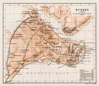 Byzantium (Byzanz, Constantinople) ancient site map, 1914