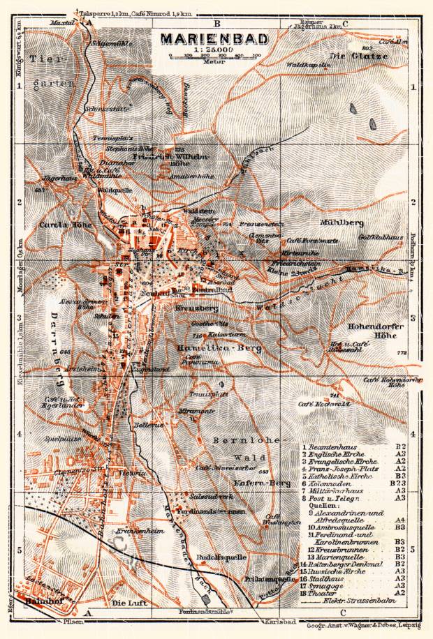 Old map of Marienbad (Mariánské Lázne) in 1911. Buy vintage map replica
