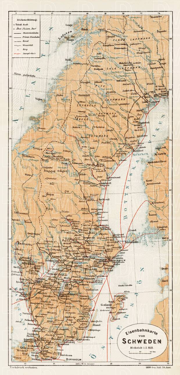 Old map of Sweden in 1899. Buy vintage map replica poster print or