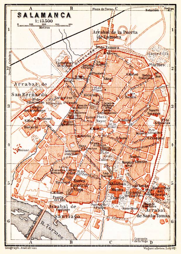 Old map of Salamanca in 1899. Buy vintage map replica poster print or