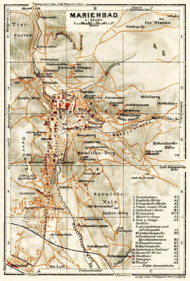 Old map of Marienbad (Mariánské Lázne) in 1913. Buy vintage map replica