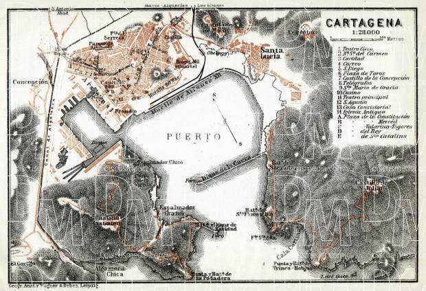 Old map of Cartagena in 1913. Buy vintage map replica poster print or 