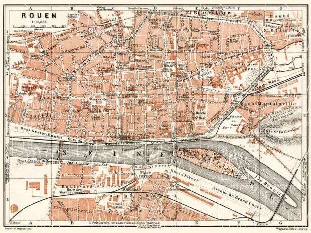 Old map of Rouen in 1913. Buy vintage map replica poster print or