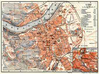 Linz city map with map inset of Pöstlingberg, 1911