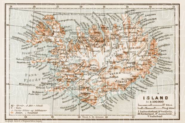 Old map of Iceland (Ísland) in 1931. Buy vintage map replica poster