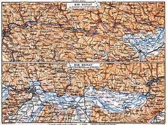 Danube River course map from Passau to Strudel, 1911