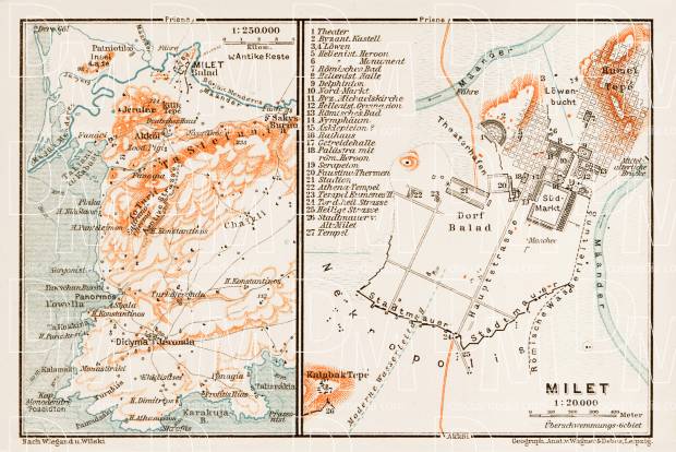 Old map of the site of ancient Milet (Miletus) and vicinity in 1914