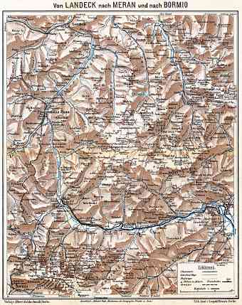 Austria on the map of East Alps between Landeck and Meran (Merano) - Bormio, 1911