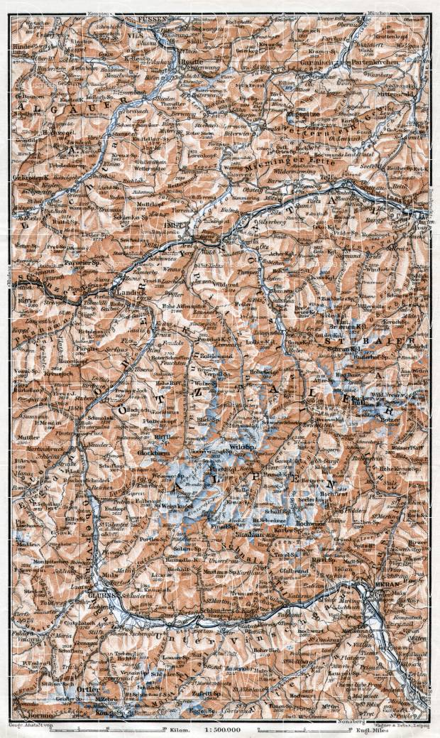 Ötztal, Stubai and Ortler Alps map, 1910. Use the zooming tool to explore in higher level of detail. Obtain as a quality print or high resolution image