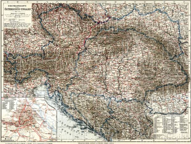 Southeast Germany on the railway map of Austria-Hungary and surrounding states, 1913. Use the zooming tool to explore in higher level of detail. Obtain as a quality print or high resolution image