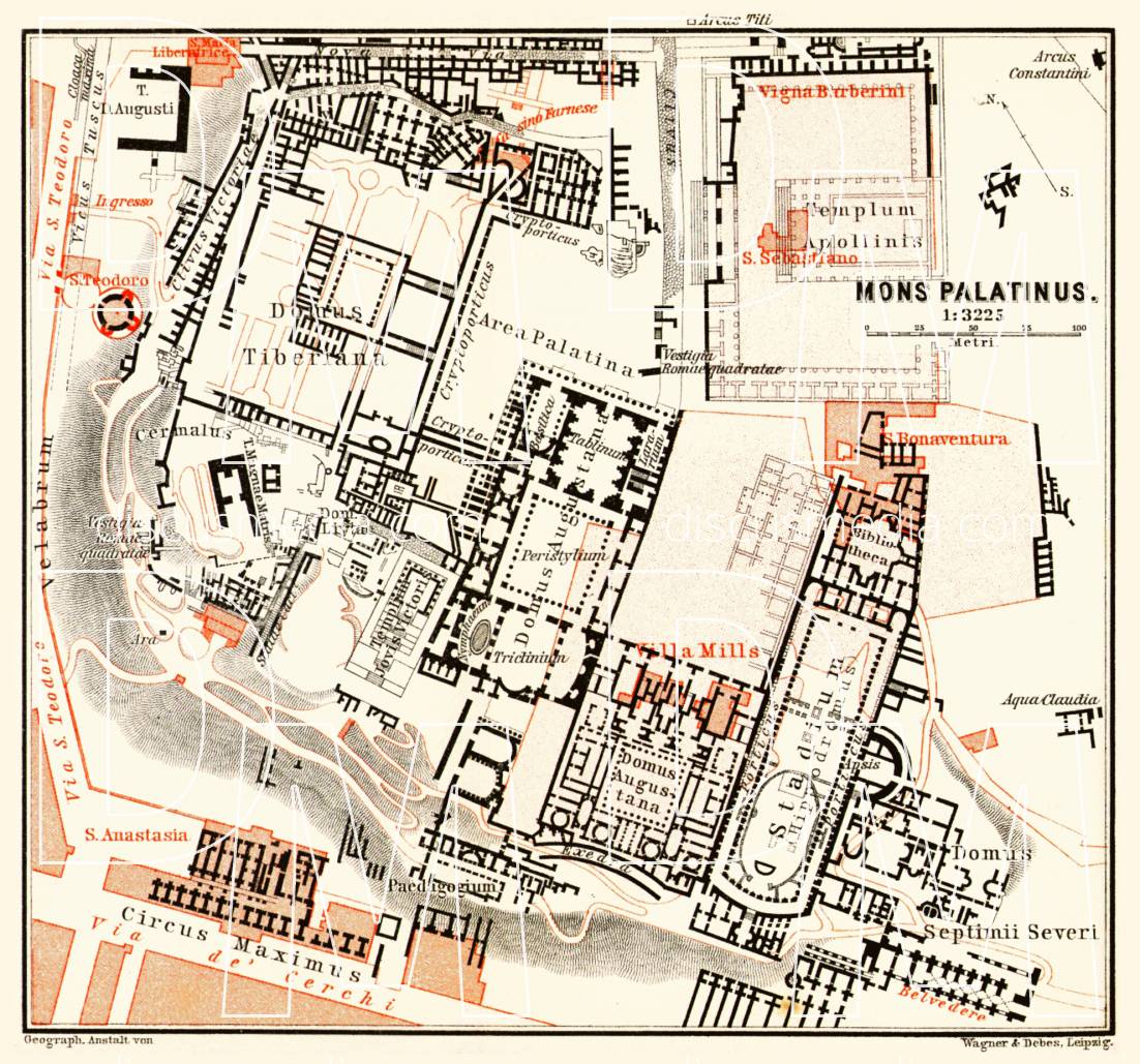 Old map of Mons Palatinus in Rome in 1898. Buy vintage map replica ...