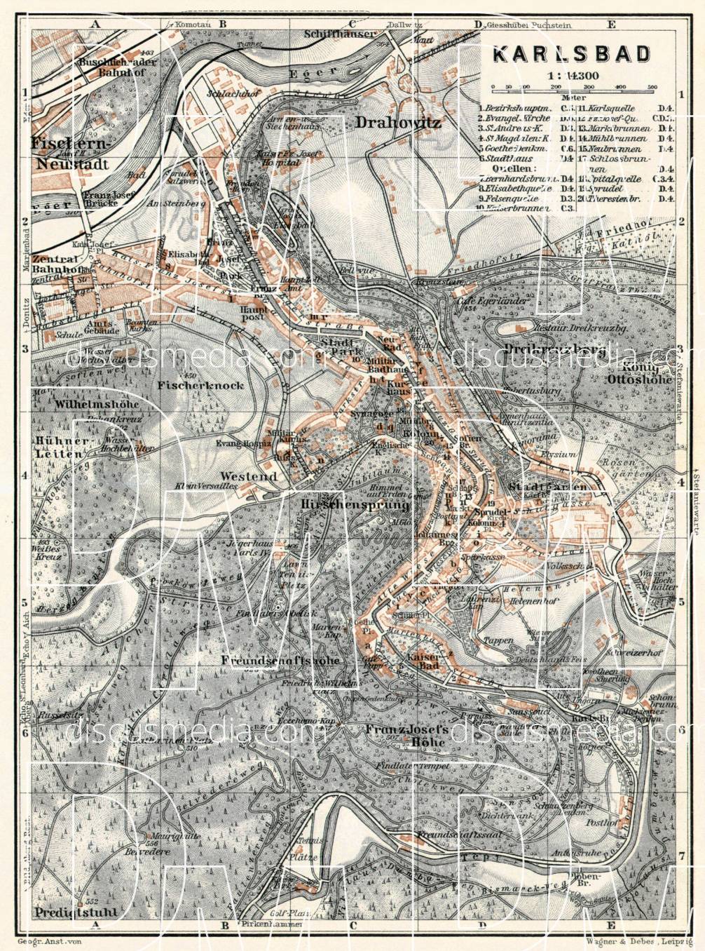 Old map of Karlsbad (Karlový Vary) in 1910. Buy vintage map replica