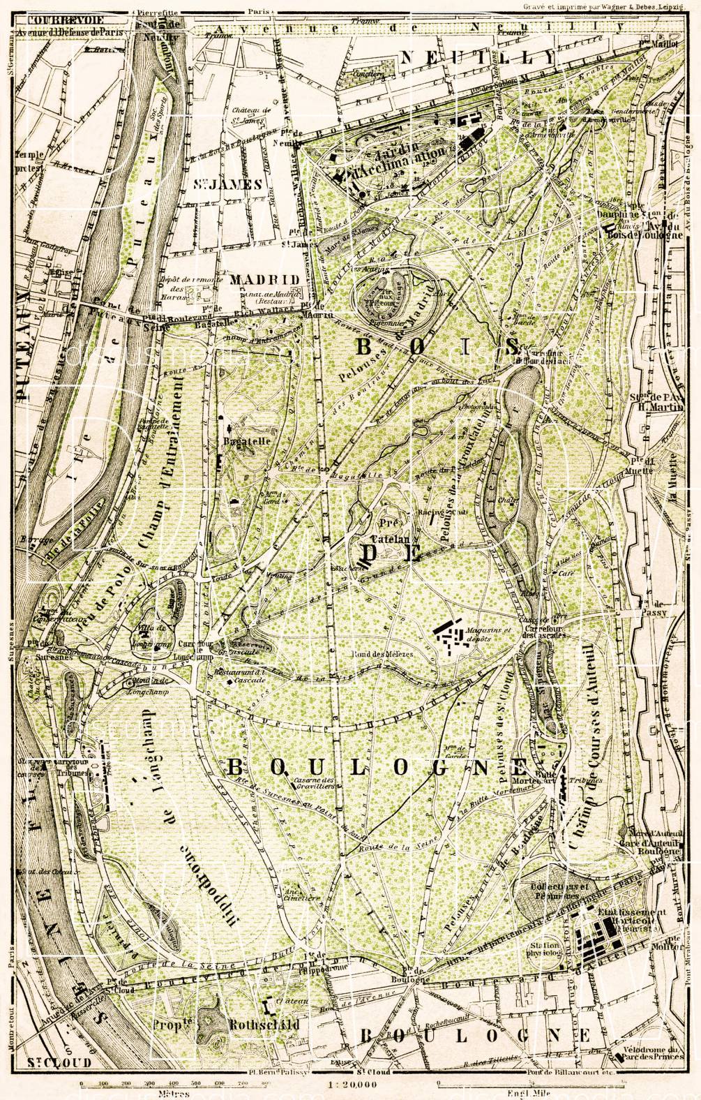 Old map of Bois de Boulogne in 1903. Buy vintage map replica poster ...