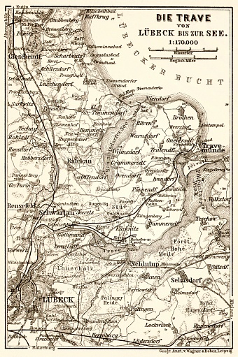 Trave River from Lübeck to Travemünde map, 1911