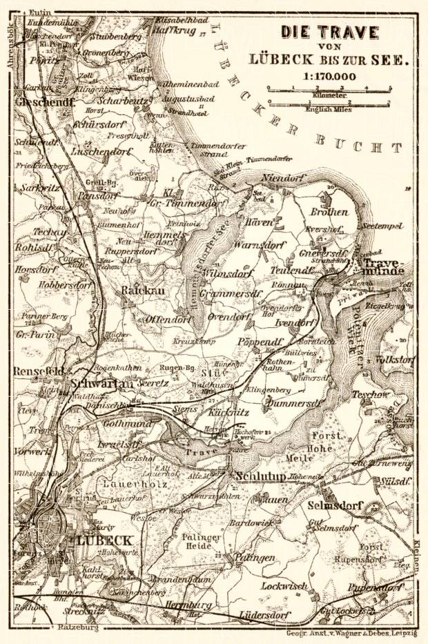 Old map of the Trave River course from Lübeck to Travemünde in 1911 ...