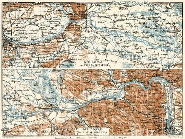 Old map of Danube course from Vienna to Budapest, in 1929. Buy vintage ...