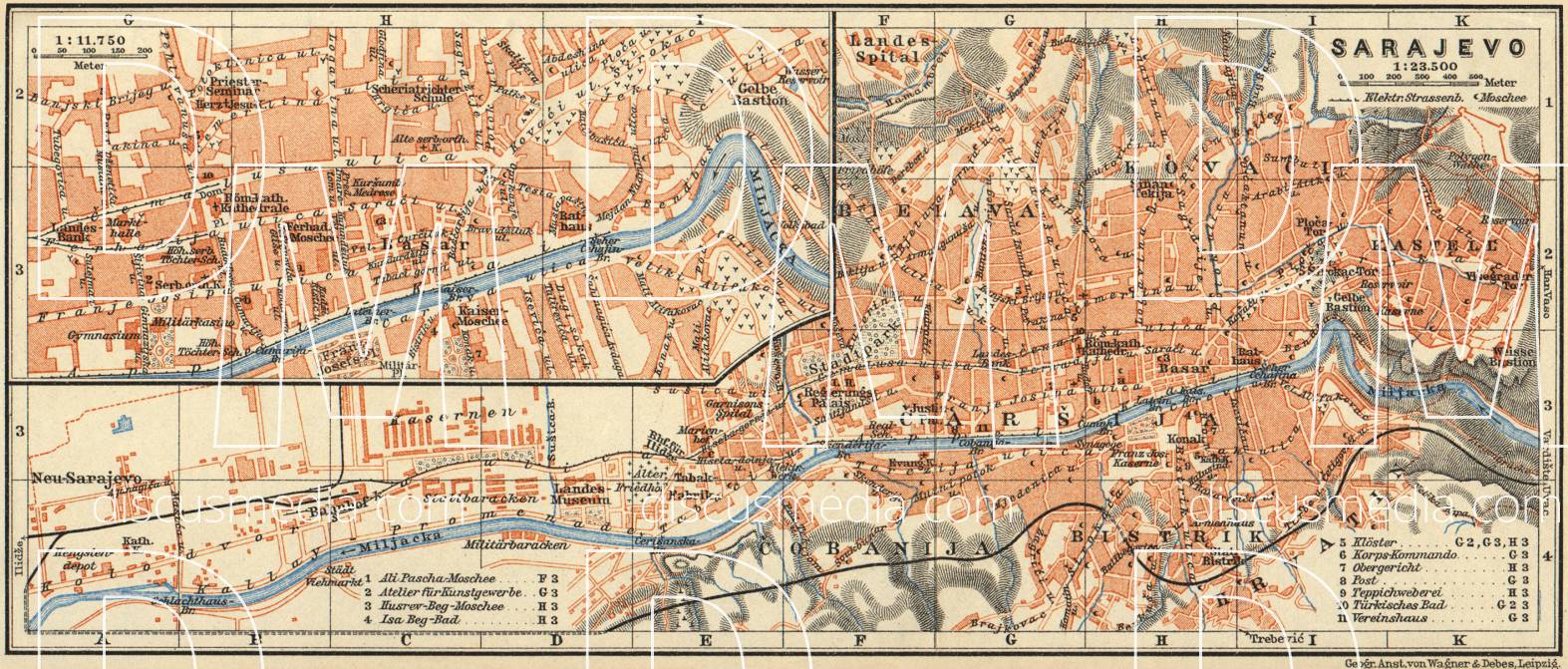 Old map of Sarajevo in 1911. Buy vintage map replica poster print or