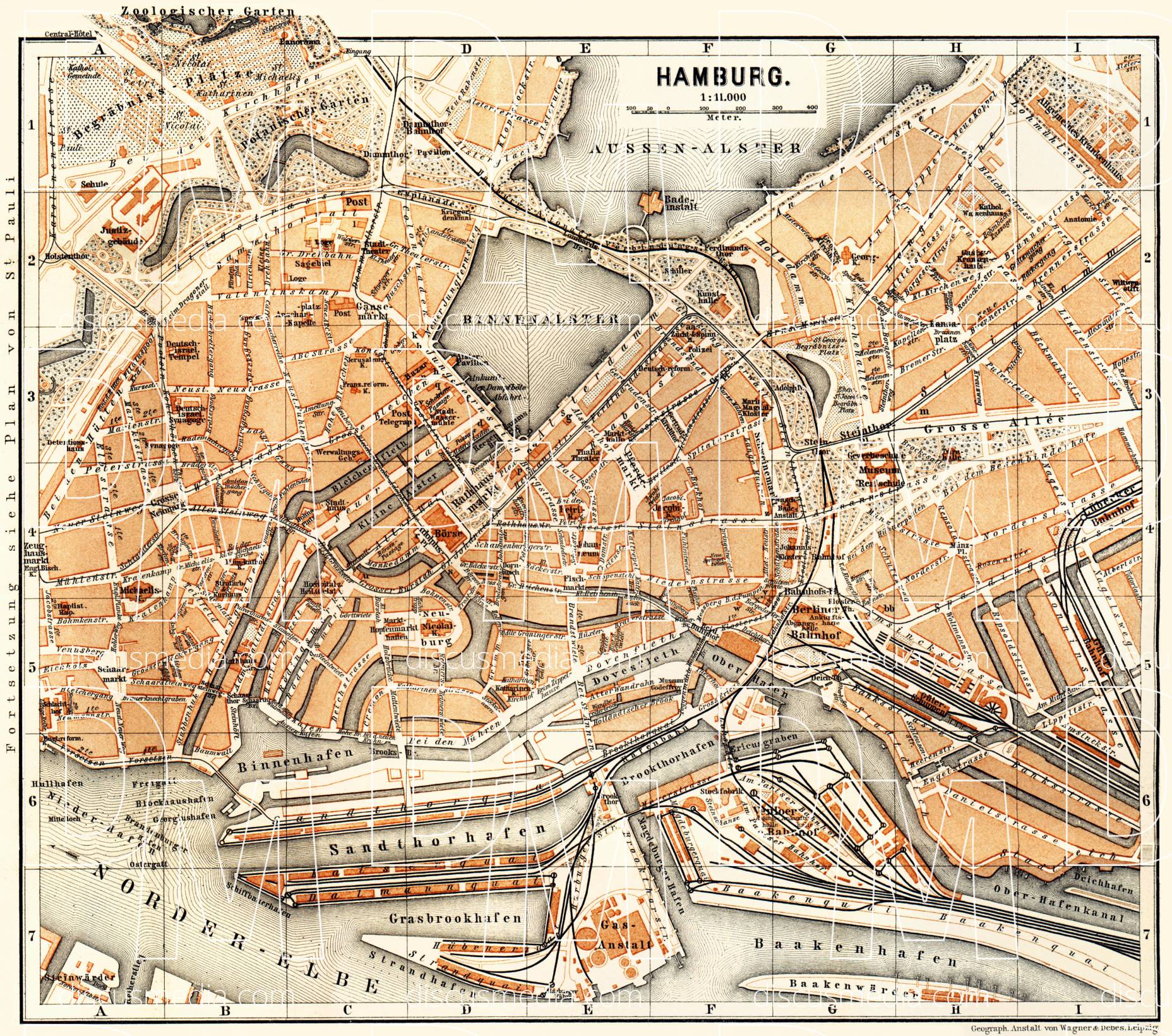 Old map of Hamburg in 1887. Buy vintage map replica poster print or