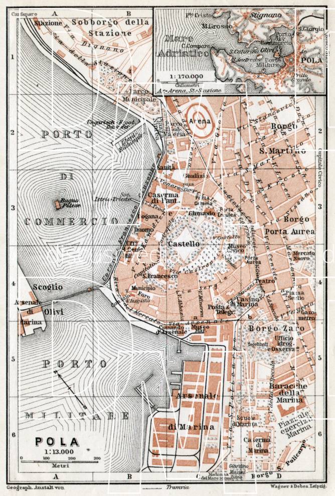 Old map of Pola (Pula) in 1910. Buy vintage map replica poster print or ...