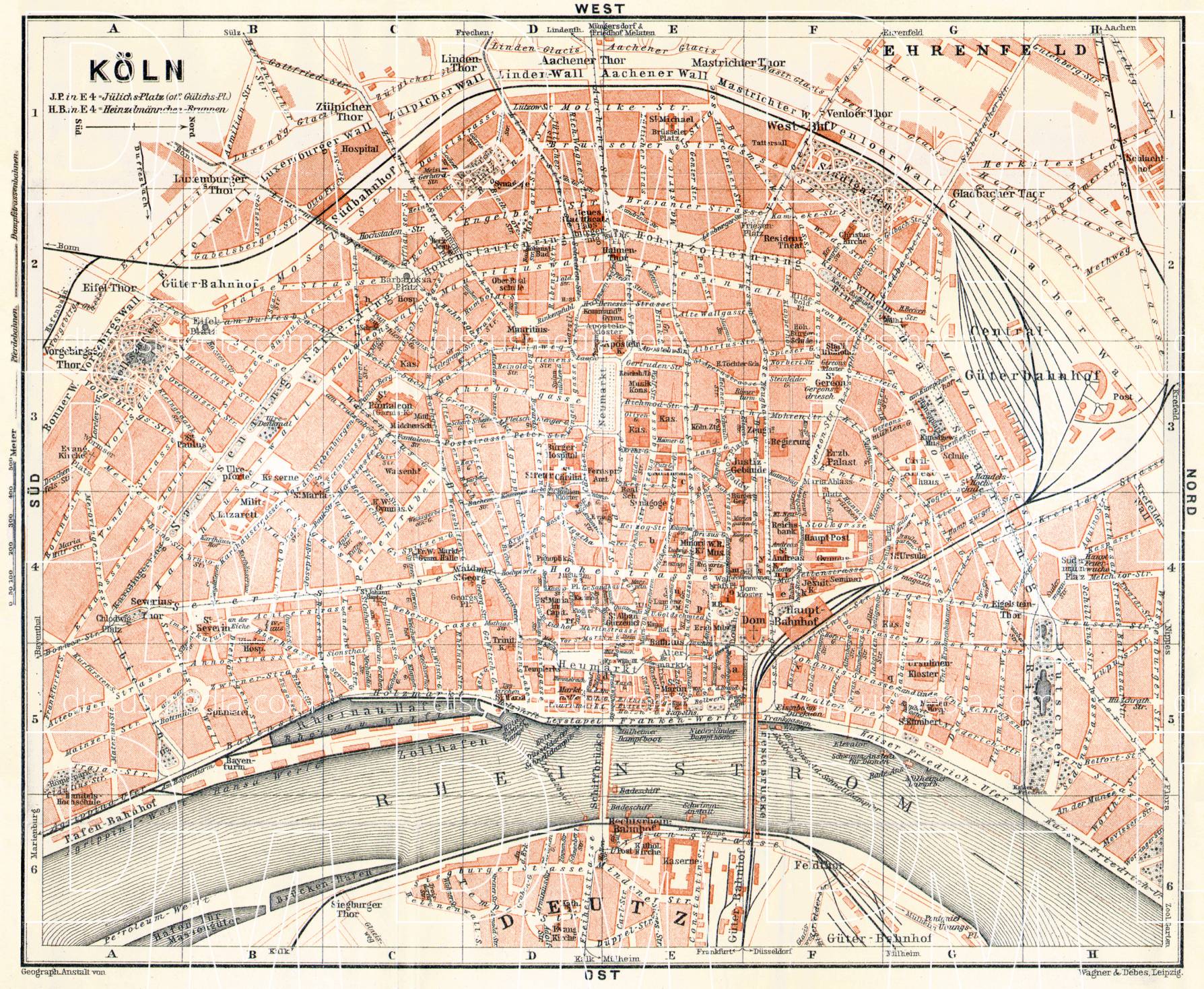 Old map of Cologne (Köln) in 1906. Buy vintage map replica poster print