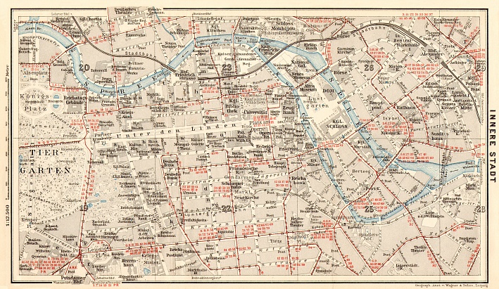 Berlin, city centre map with tramway and S-Bahn networks, 1910