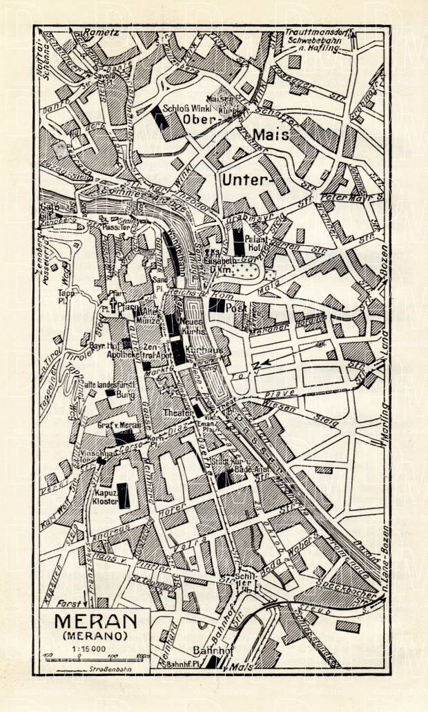 Old map of Merano (Meran) in 1929. Buy vintage map replica poster print ...