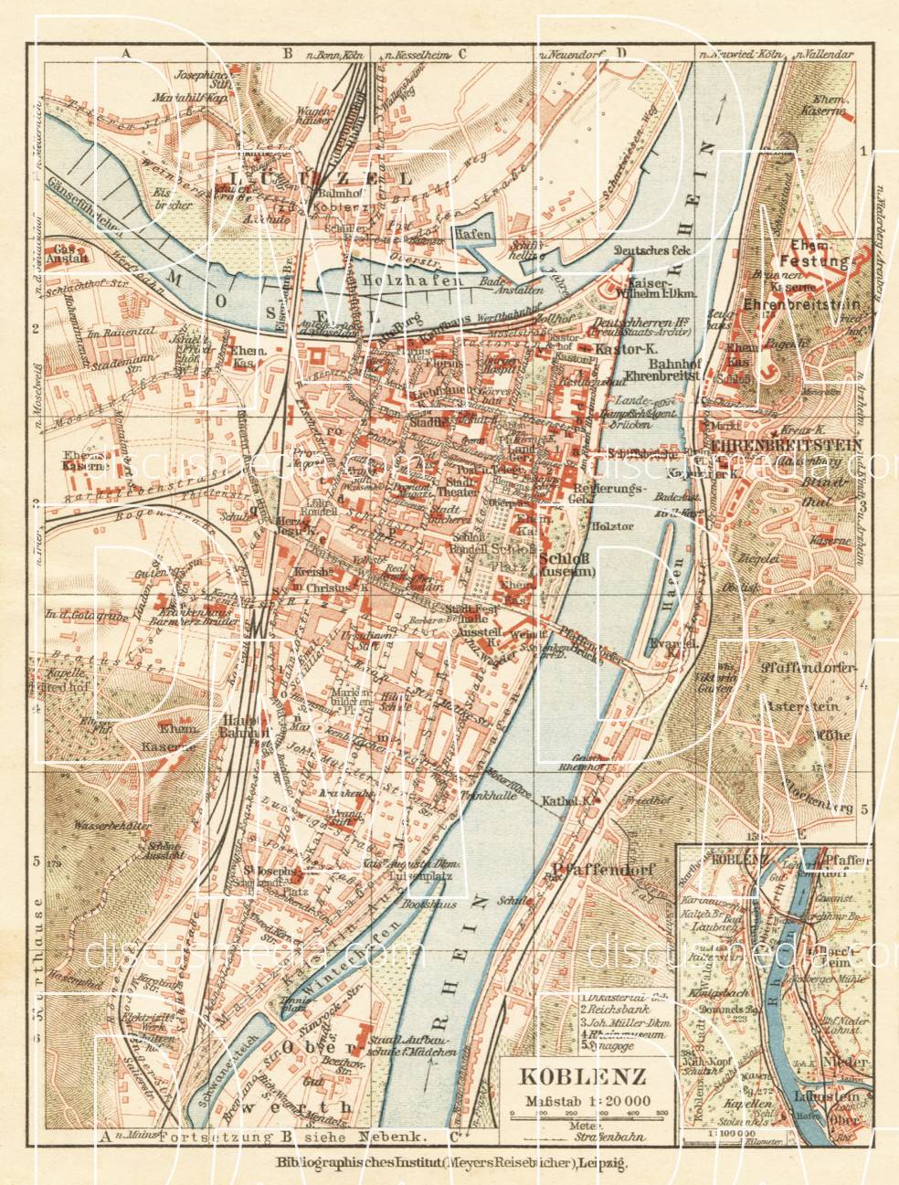 Old map of Koblenz and its southern environs in 1927. Buy vintage map