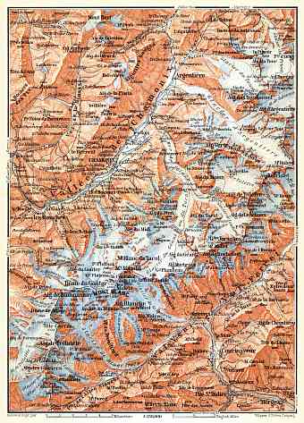 Mont Blanc and Chamonix Valley map, 1898