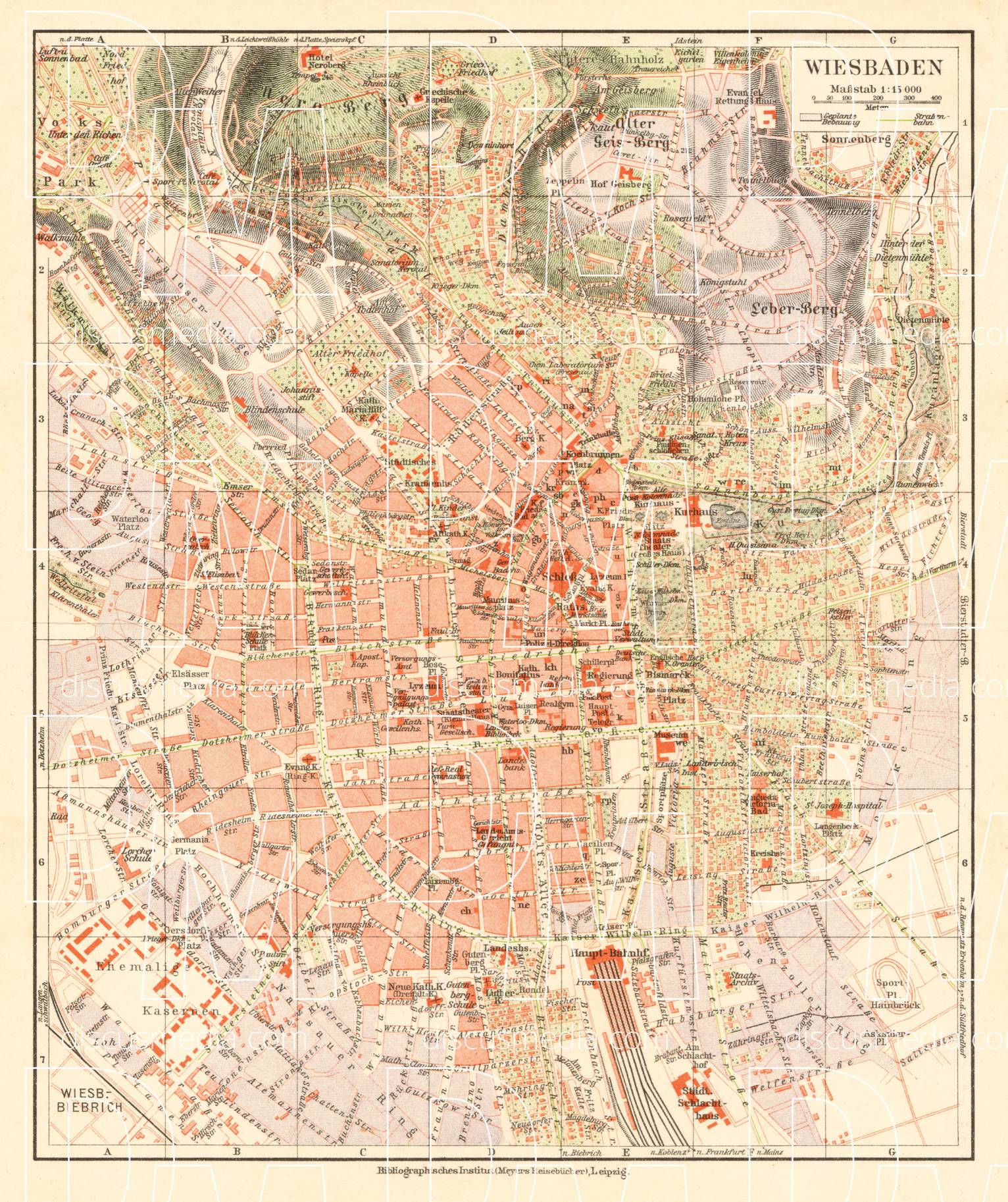 Old map of Wiesbaden in 1927. Buy vintage map replica poster print or