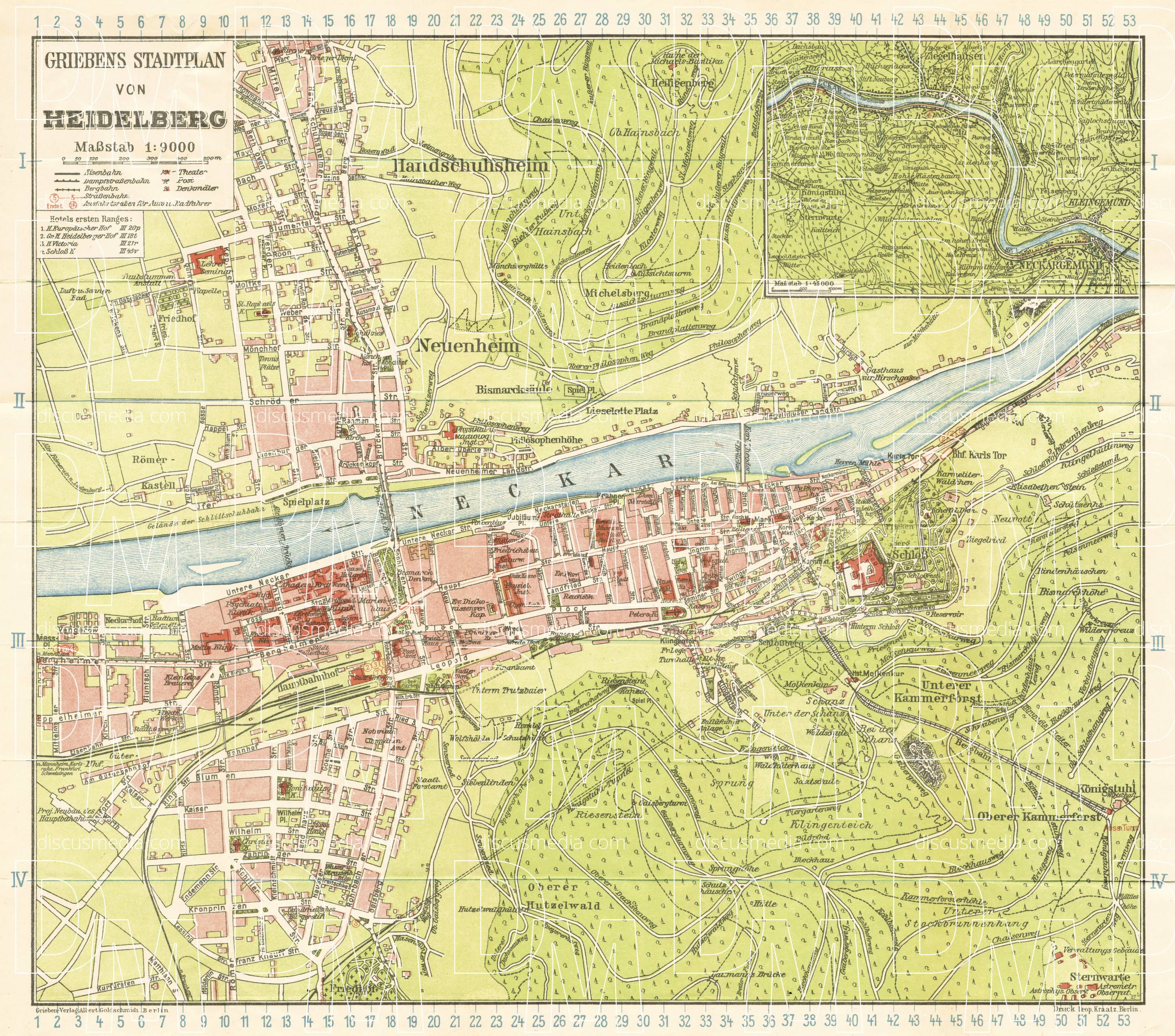 Old map of Heidelberg in 1927. Buy vintage map replica poster print or