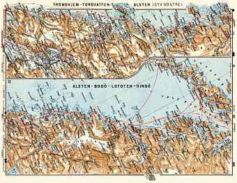 Trondheim (Trondhjem) - Torghatten - Alsten (Syv. Söstre) and Alsten - Bodö - Lofoten - Hindö districts map, 1910