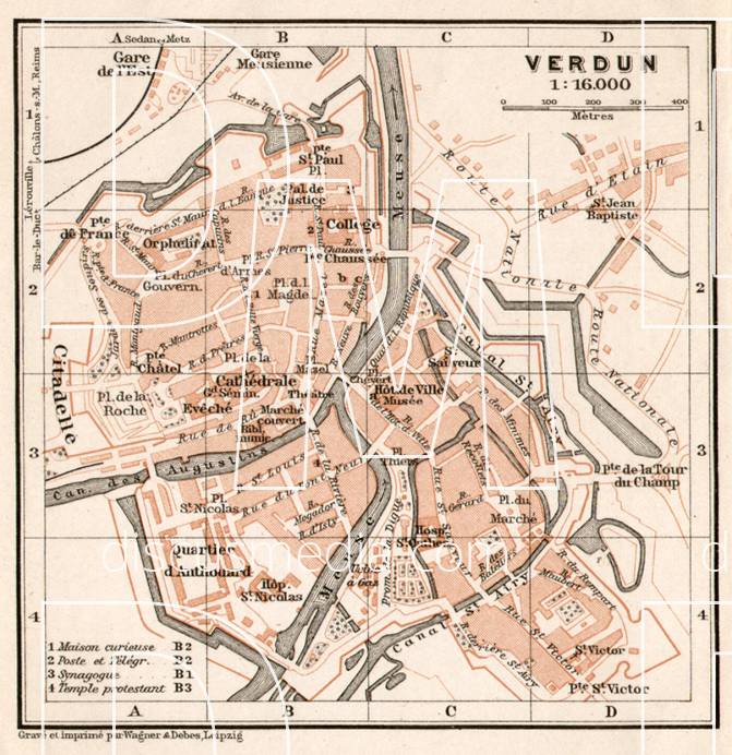 Old map of Verdun in 1909. Buy vintage map replica poster print or