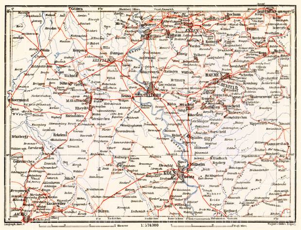 Old map of Lower Rhine district (Rhine-Ruhr) in 1905. Buy vintage map ...