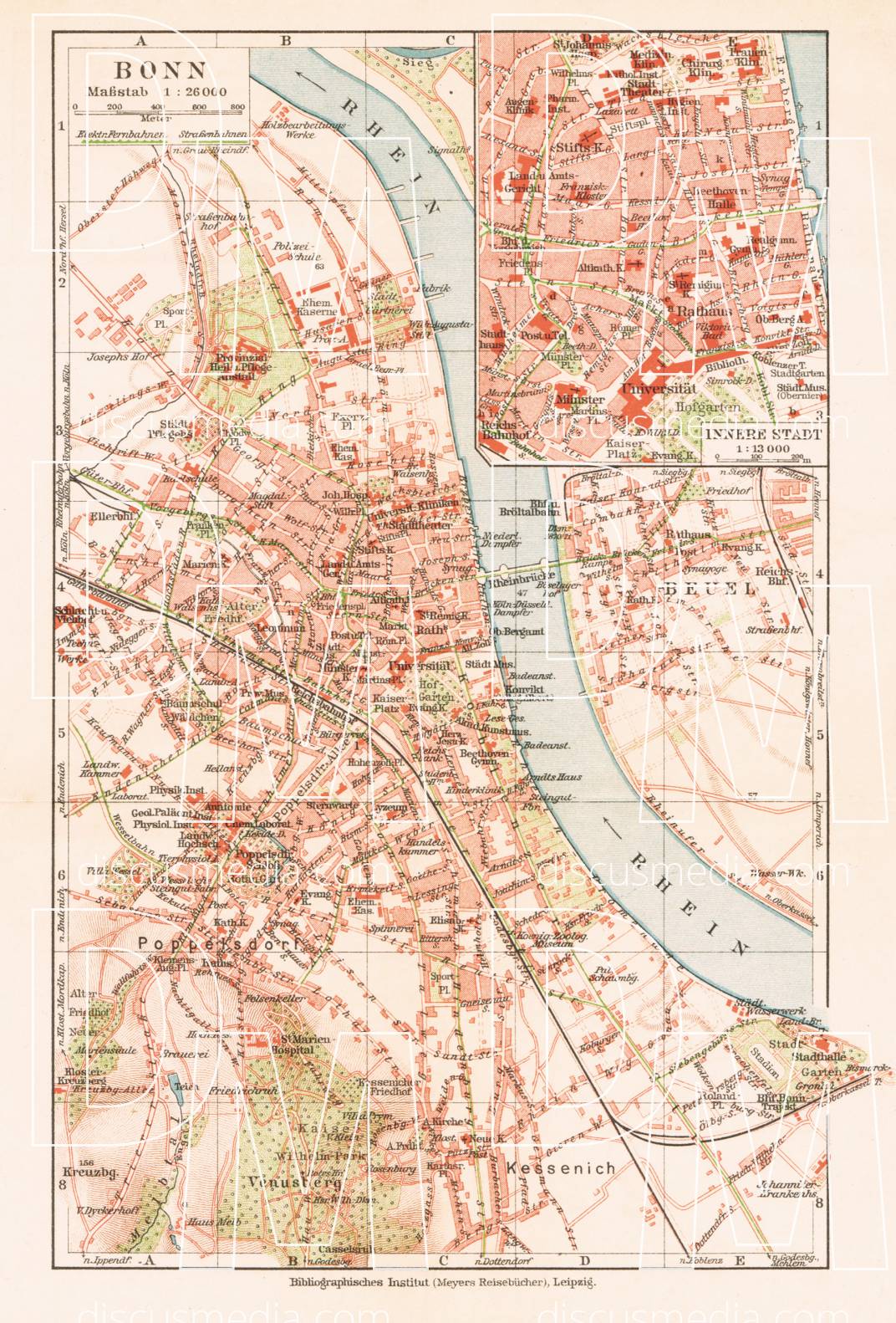 Old map of Bonn in 1927. Buy vintage map replica poster print or