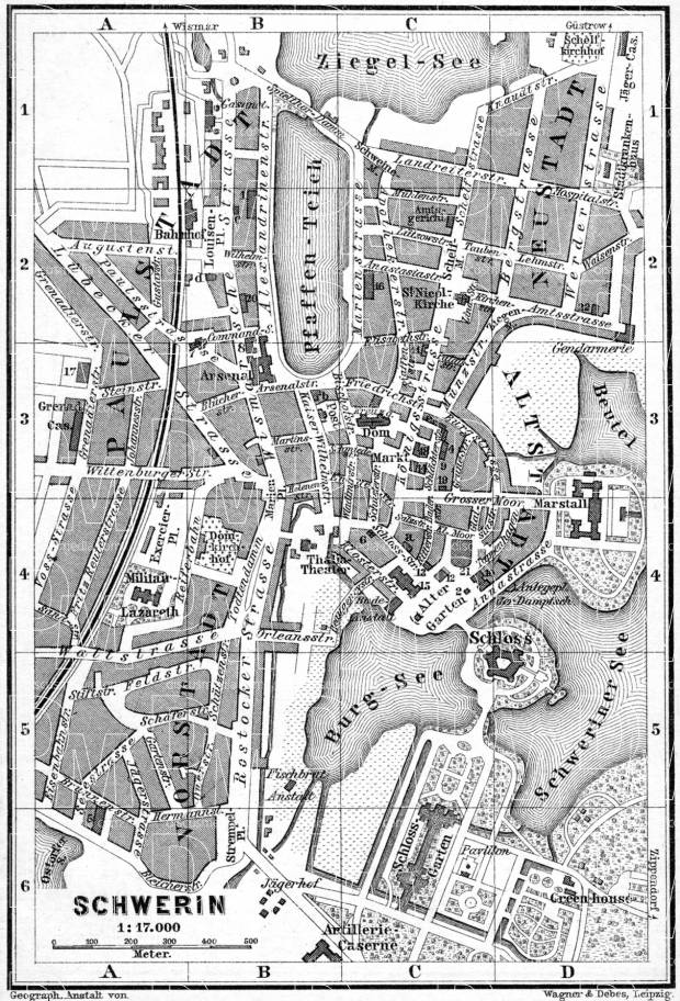 Old map of Schwerin in 1887. Buy vintage map replica poster print or