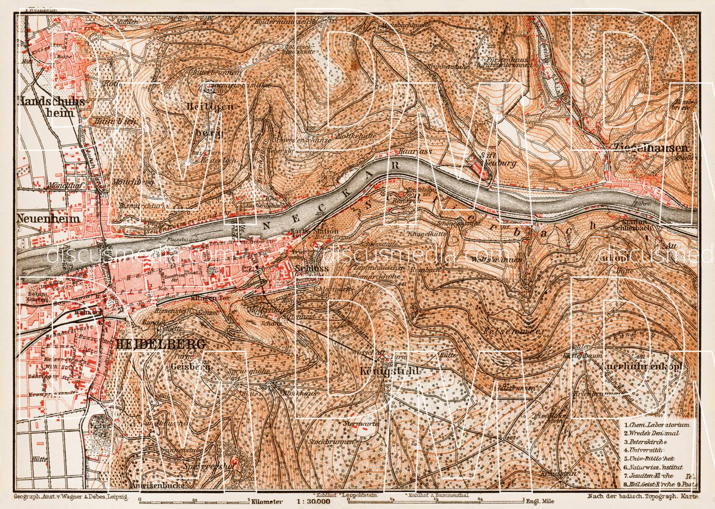 Old map of Heidelberg and nearer vicinity in 1909. Buy vintage map