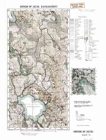 Kangasjarvi Lake. Kangasjärvi. Topografikartta 423105. Topographic map from 1941