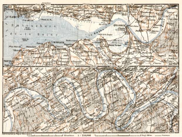 Old map of the Seine course from le Havre to Louviers in 1909. Buy ...