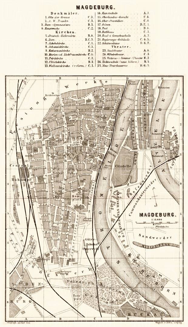 Old map of Magdeburg in 1887. Buy vintage map replica poster print or