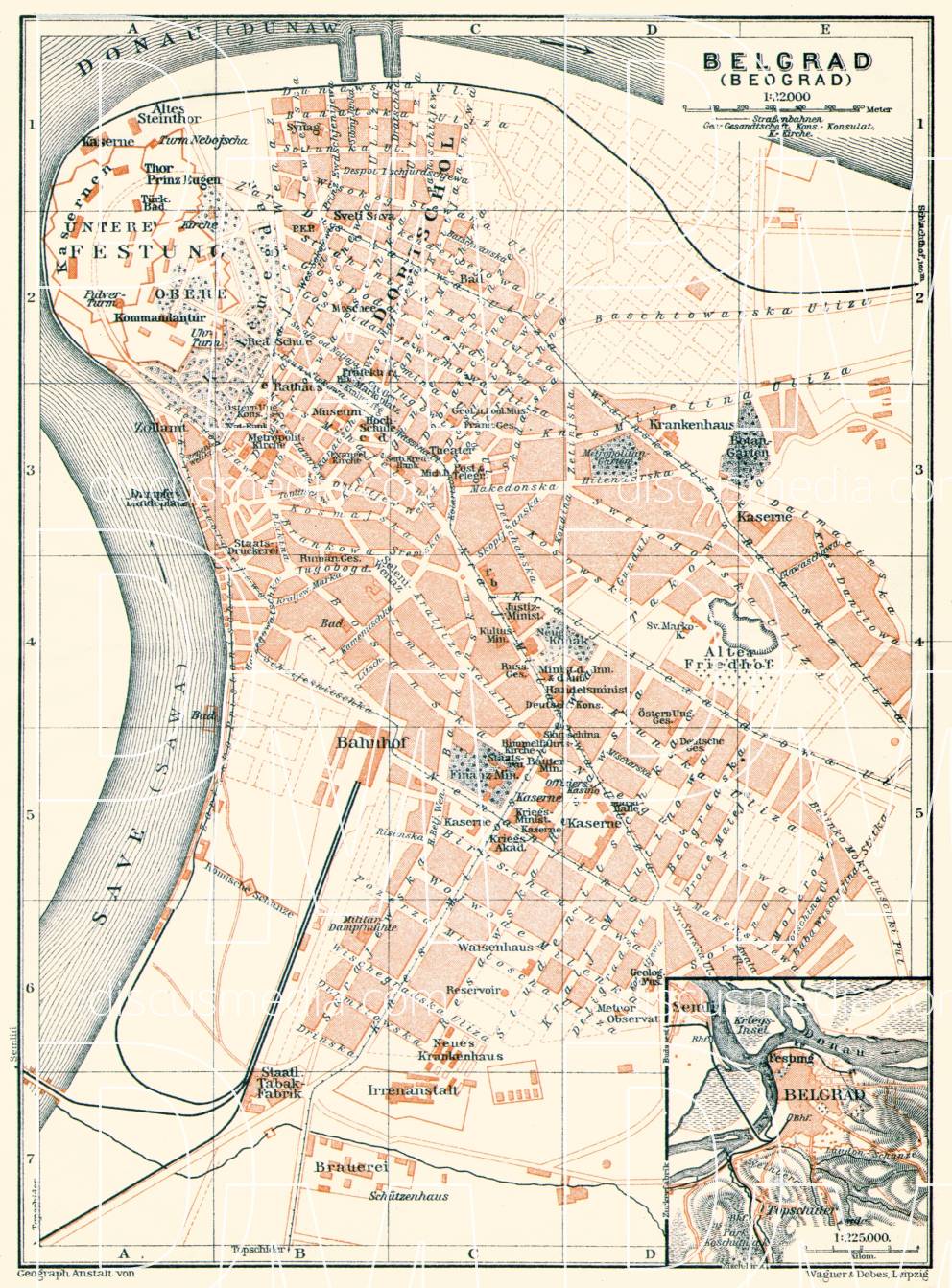 Old map of Belgrade (Beograd) and vicinities of Belgrade in 1905. Buy