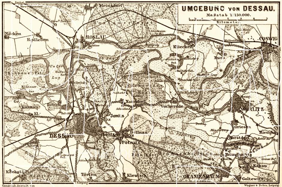 Old map of the vicinity of Dessau in 1887. Buy vintage map replica