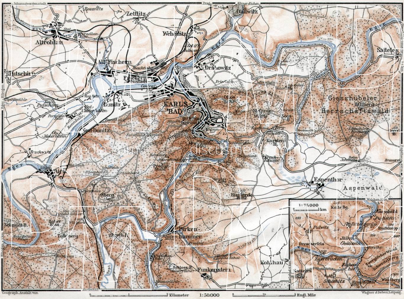 Old map of Karlsbad (Karlový Vary) and vicinity in 1910. Buy vintage