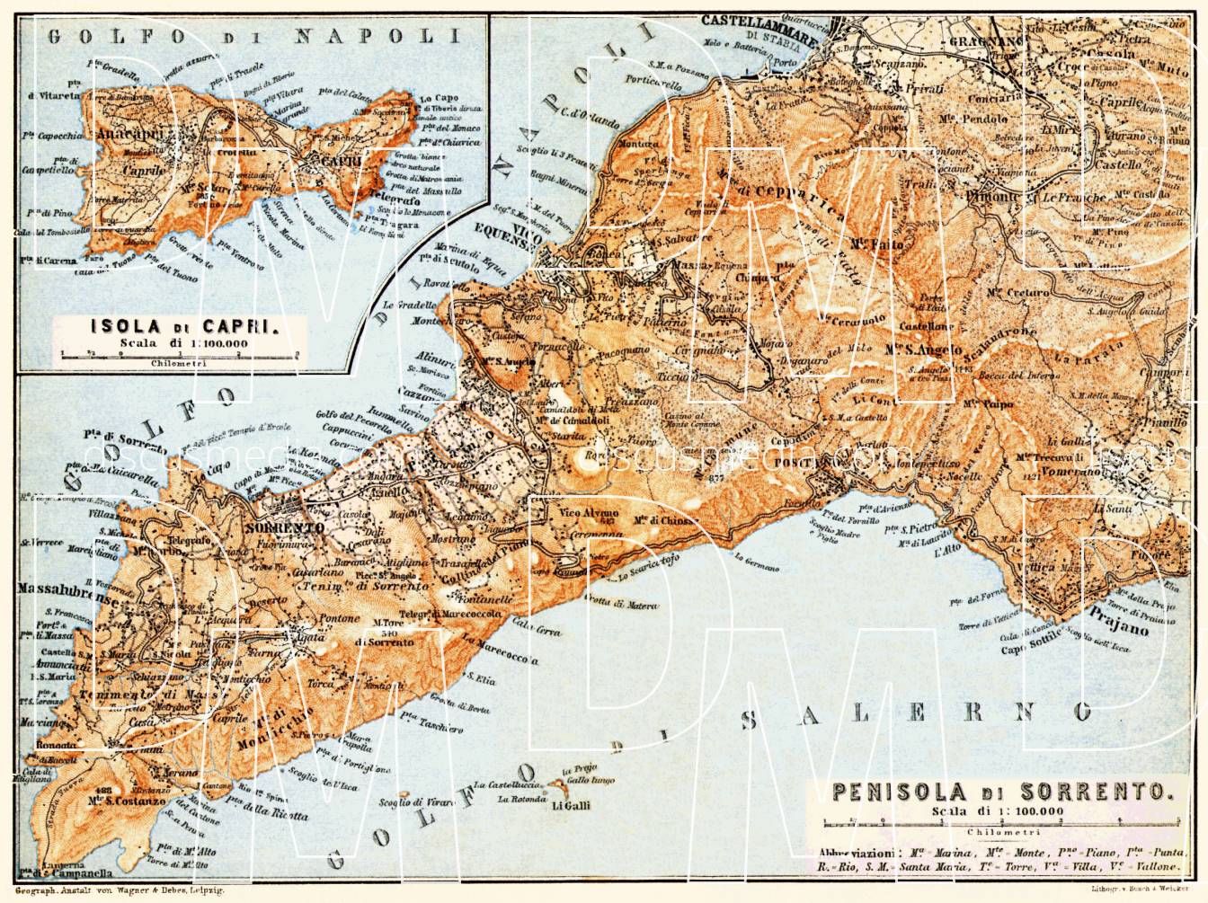 Old map of Sorrento Peninsula and Isle of Capri in 1898. Buy vintage ...