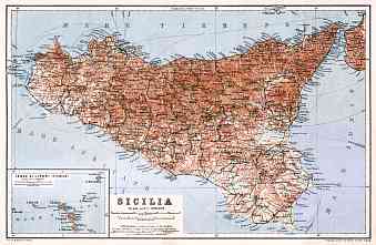 Sicilia (Sicily) map with Lipari Isle map inset, 1929