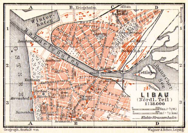 Old map of Libau (Liepāja) in 1914. Buy vintage map replica poster