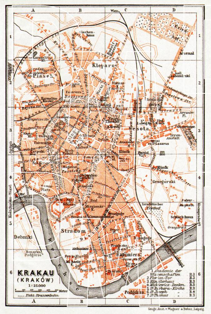 Old map of Krakau (Kraków) in 1913. Buy vintage map replica poster print or download picture