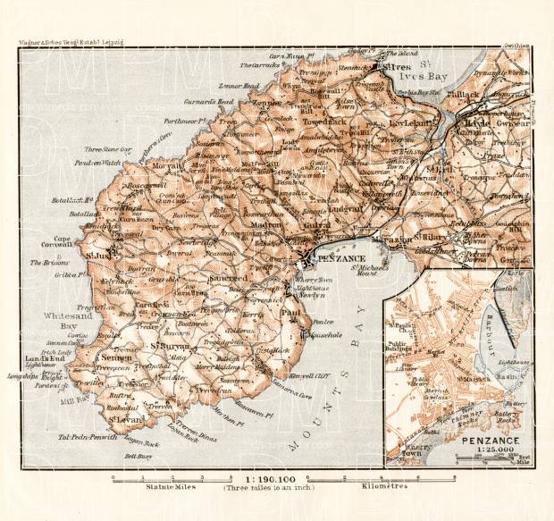 Old map of the Land´s End with Penzance in 1906. Buy vintage map ...