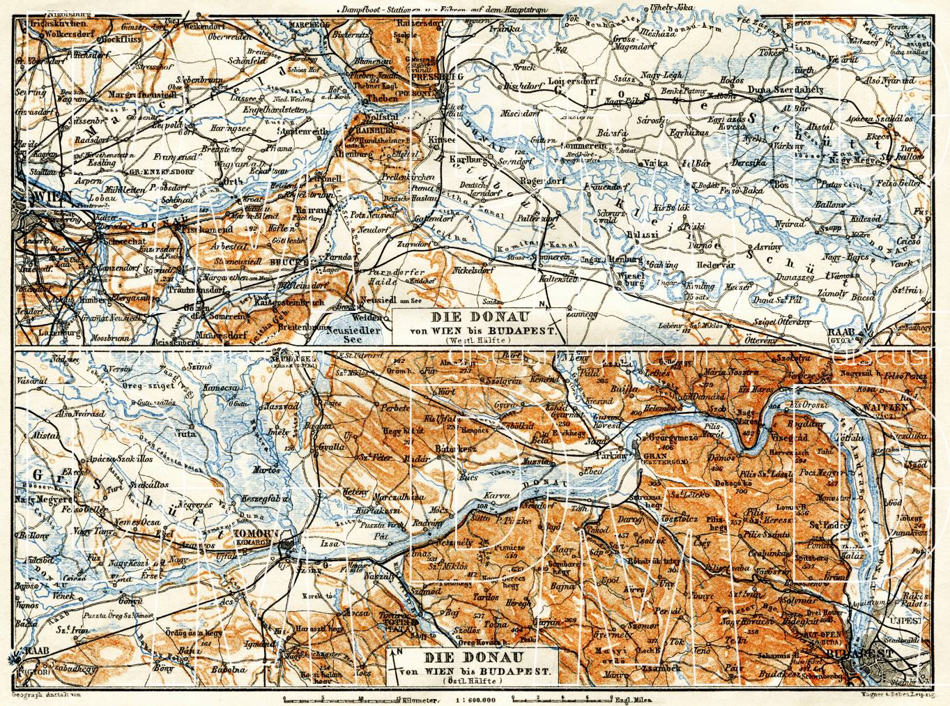 Old map of Danube River course from Vienna to Budapest in 1913. Buy ...