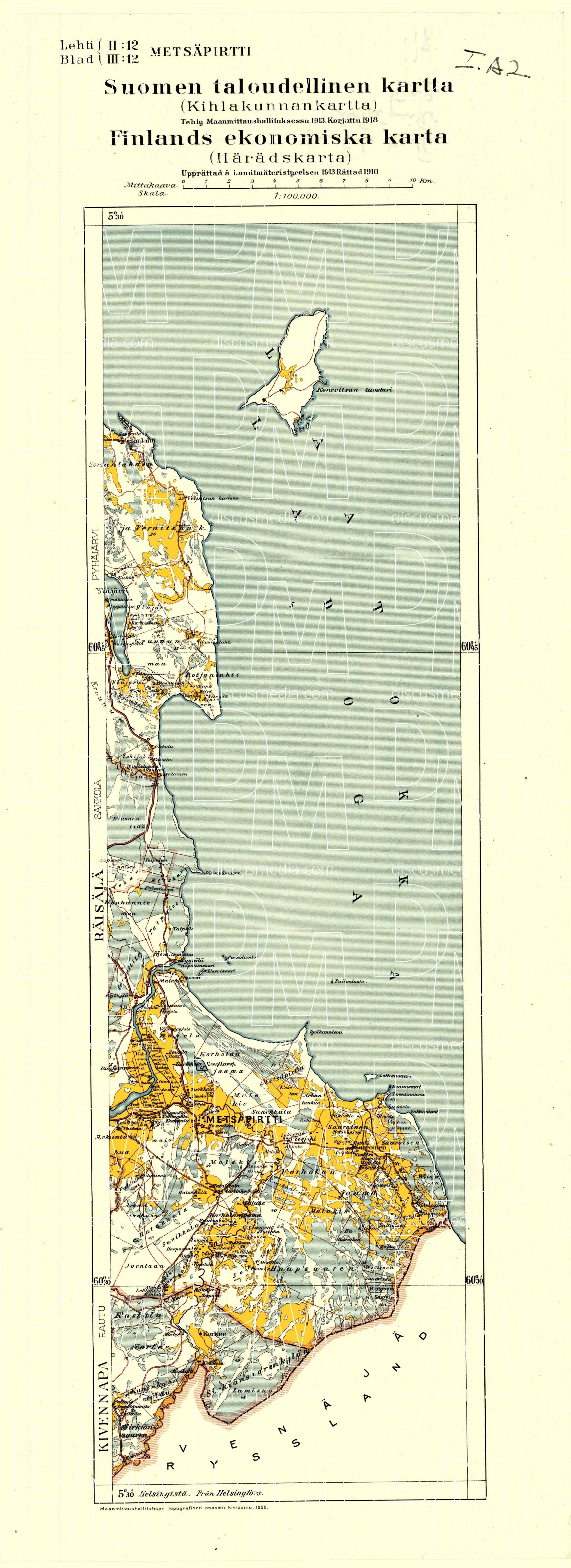 Old map of Metsäpirtti (Zaporožskoje) and vicinity in 1920. Buy vintage ...